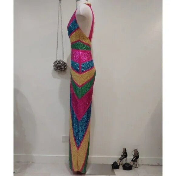 💋RETRO GLAM!💋 STUDIO 54 Halter Cut Out Wide-leg Jumpsuit in Stripe Sequin - Picture 9 of 15